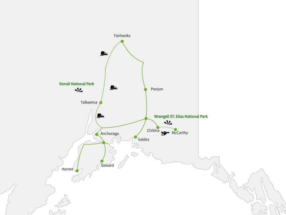 Routekaart van Alaska Rail & Road