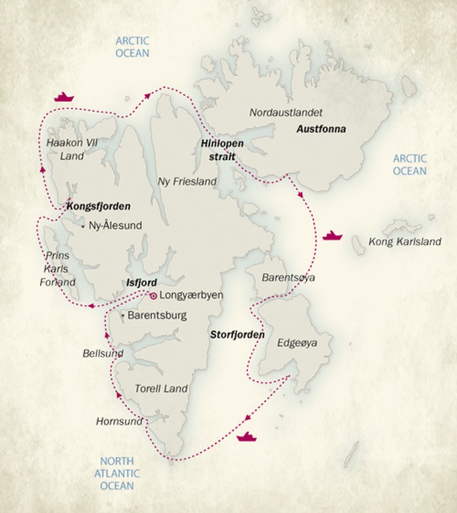 Routekaart van Rond Spitsbergen met een expeditieschip