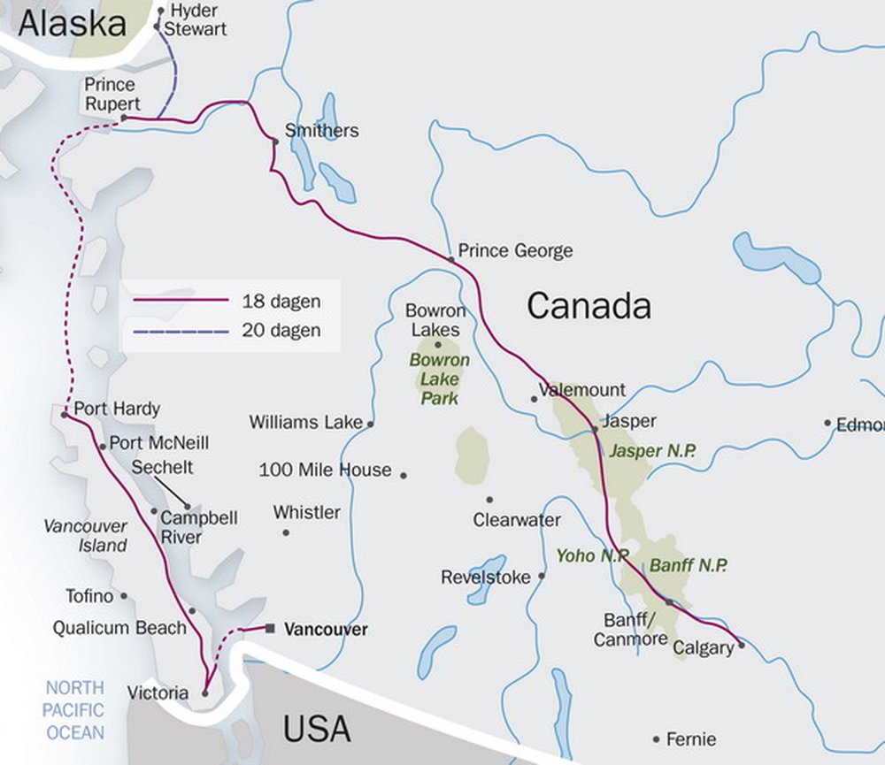 Routekaart van Inside Passage & The Rockies incl. vissende beren in Alaska