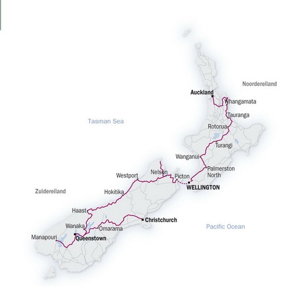 Routekaart van Van Coromandel tot Milford Sound