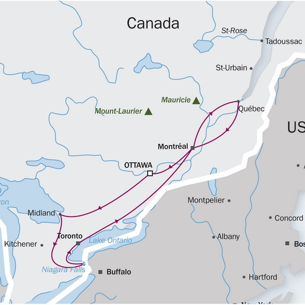 Routekaart van Groepsreis Ontario & Quebec
