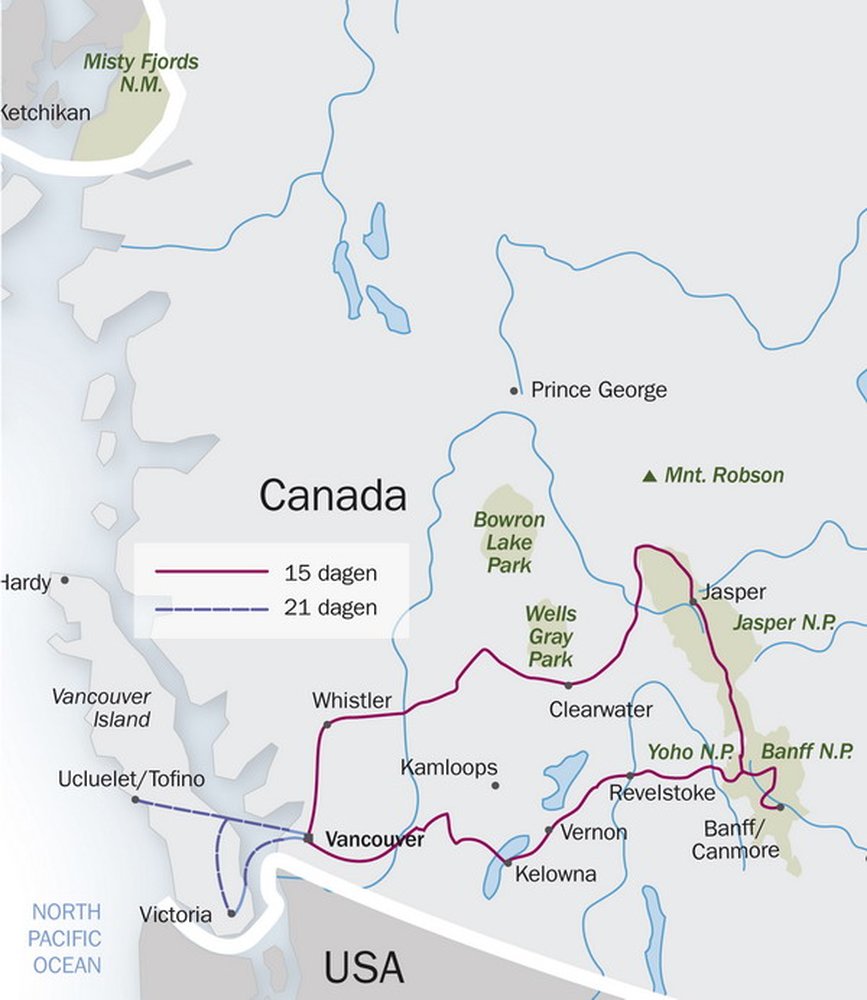 Routekaart van Droomplekken West-Canada