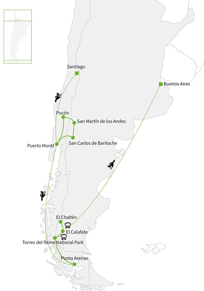 Routekaart van Merengebied & Patagonië