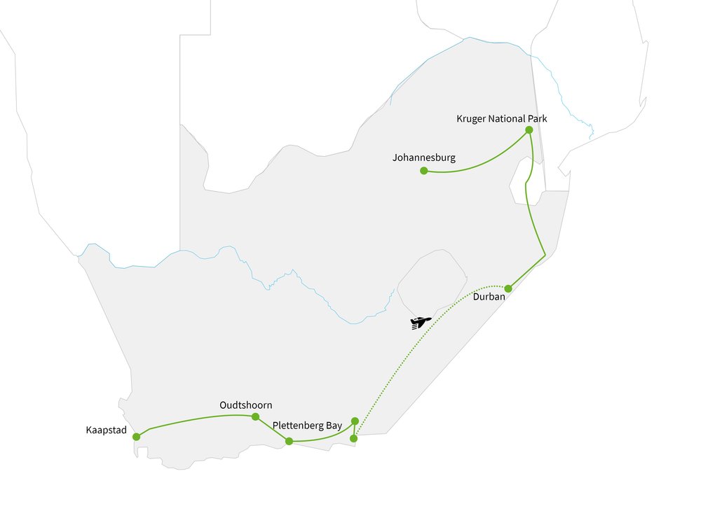 Routekaart van Verrassend & voordelig Zuid-Afrika
