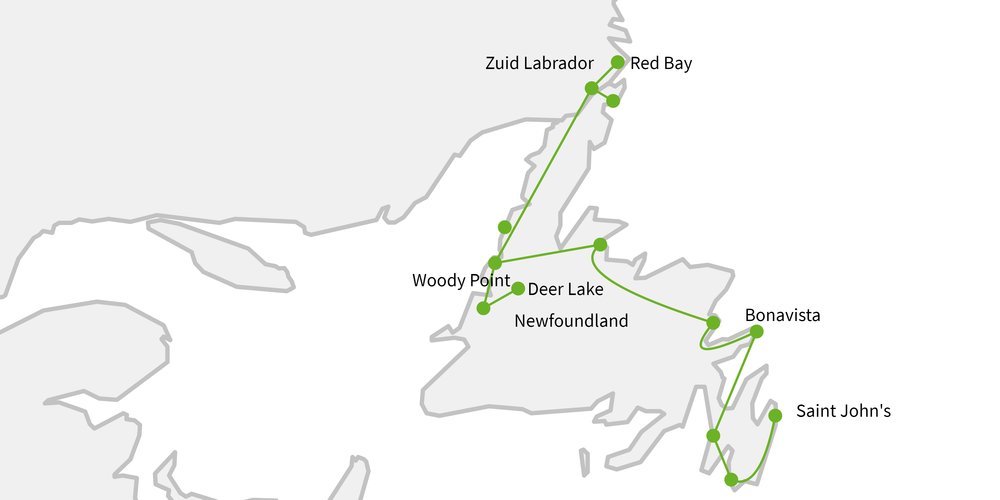Routekaart van Roadtrip Newfoundland & Labrador