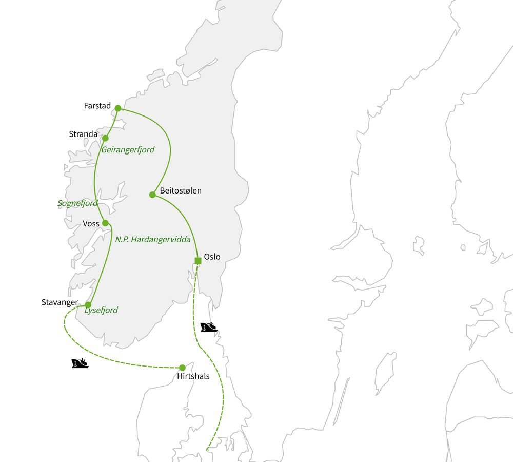 Routekaart van Hoogtepunten van Noorwegen