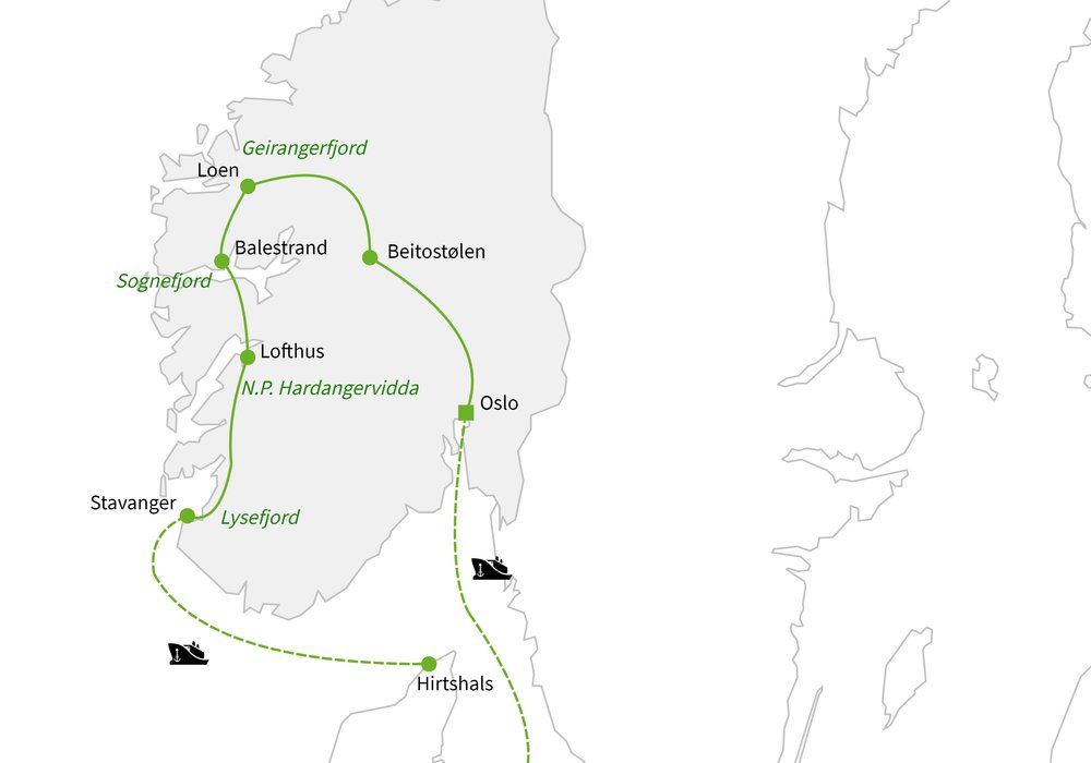 Routekaart van Dwars door de Noorse fjorden