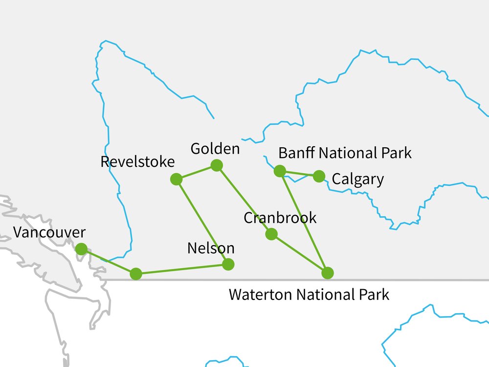 Routekaart van Kootenay Rockies roadtrip