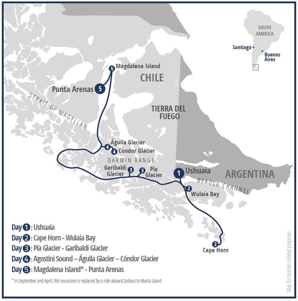 Routekaart van Bootreis naar Kaaphoorn, fjorden en gletsjers vanuit Ushuaia