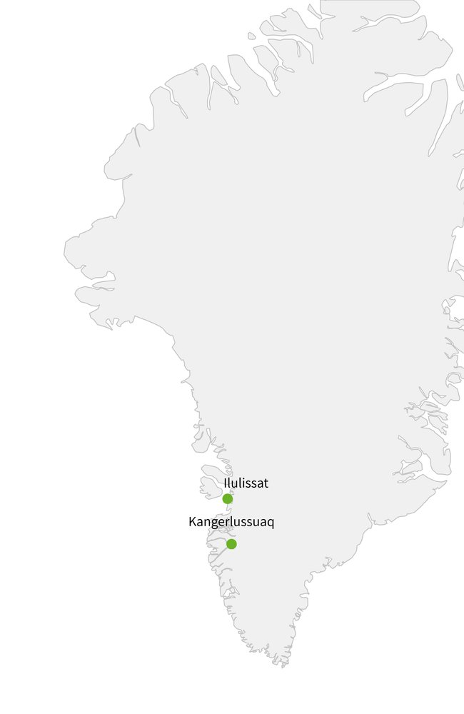 Routekaart van Noorderlicht en ijsbergen in West-Groenland