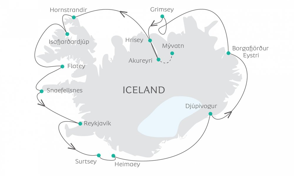 Routekaart van Rondom IJsland met de Ocean Atlantic