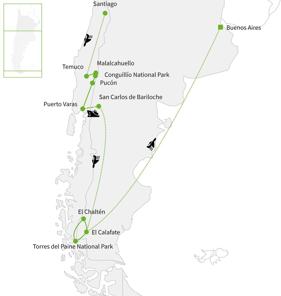 Routekaart van Nationale Parken van Patagonië
