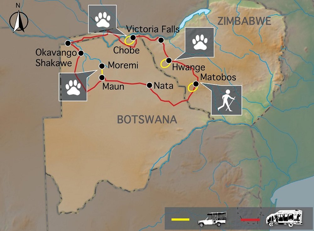 Routekaart van Botswana & Zimbabwe - Ivory Route