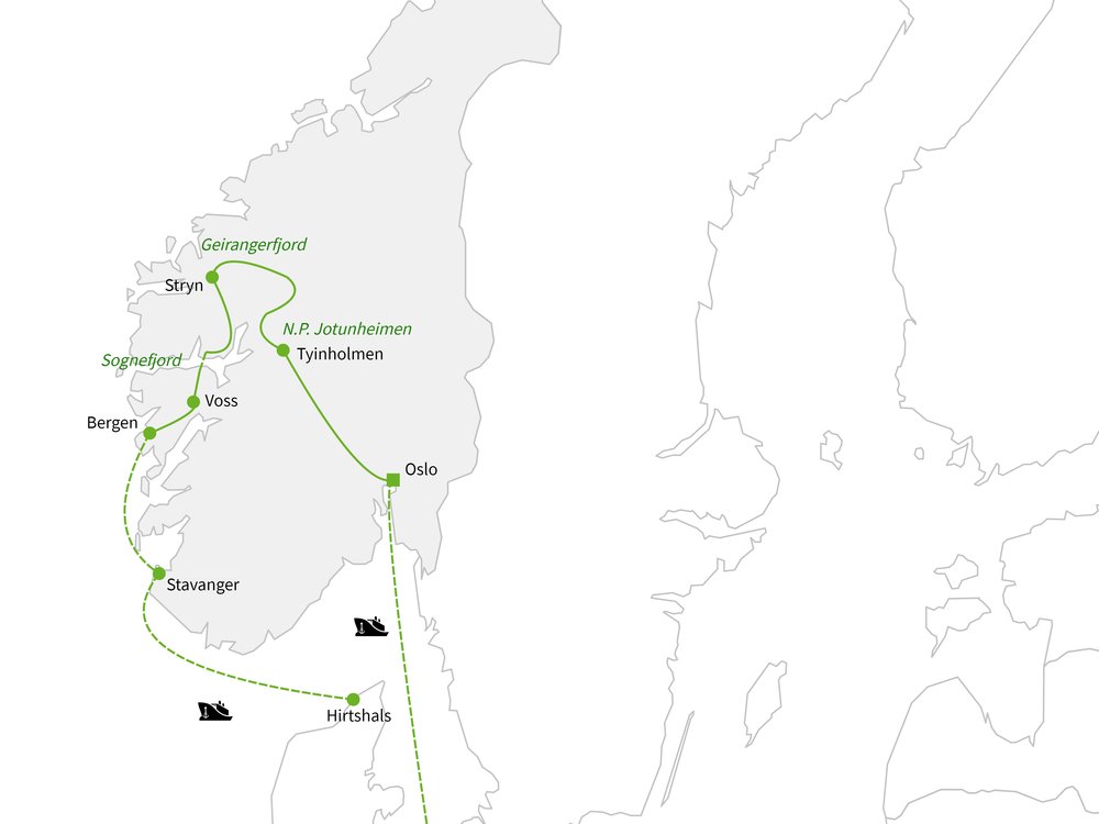 Routekaart van Bergen & Fjorden