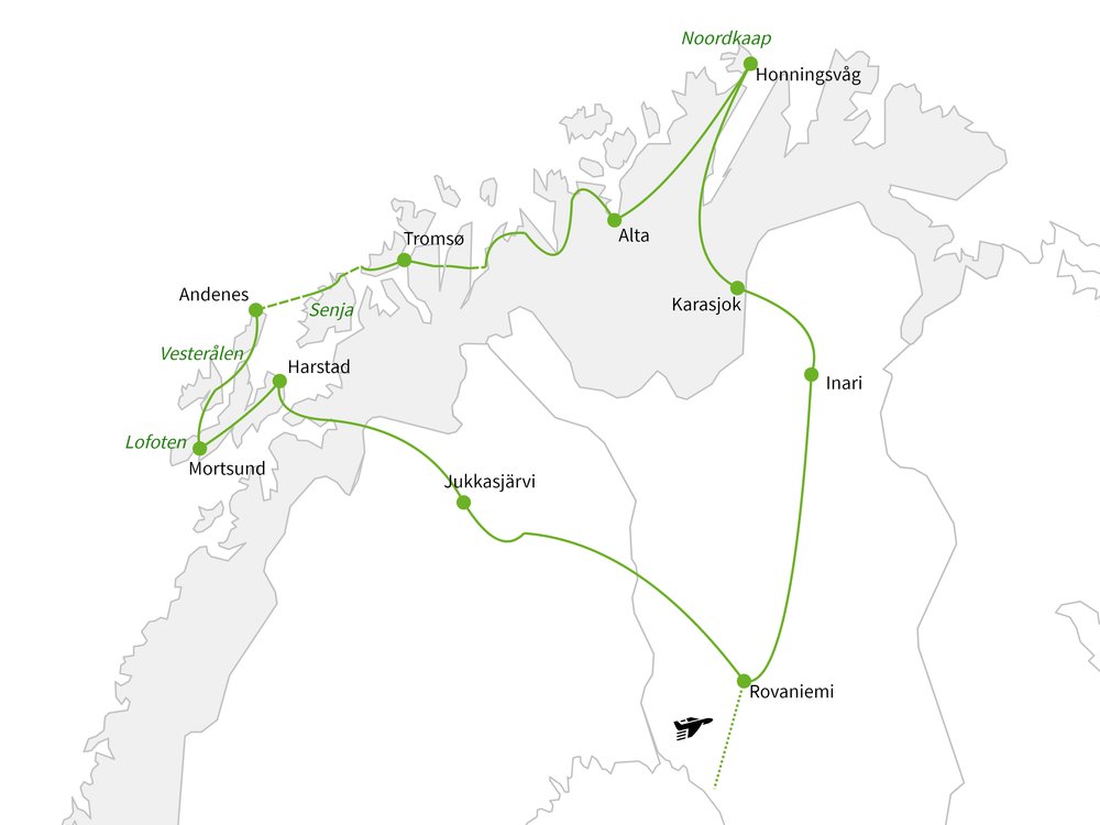 Routekaart van Roadtrip Noord-Scandinavië