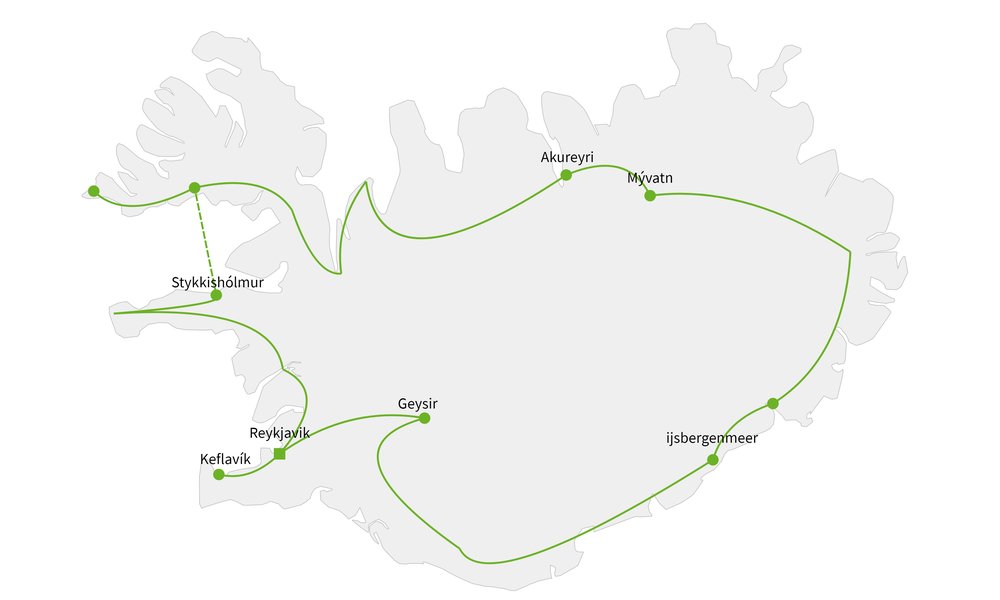 Routekaart van 100% IJsland