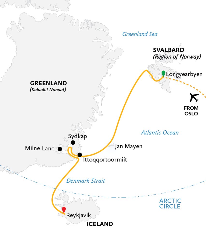 Routekaart van Van Spitsbergen naar de ijsbergen in Oost-Groenland