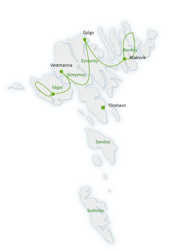 Routekaart van Vakantiehuisjes op de Faeröer