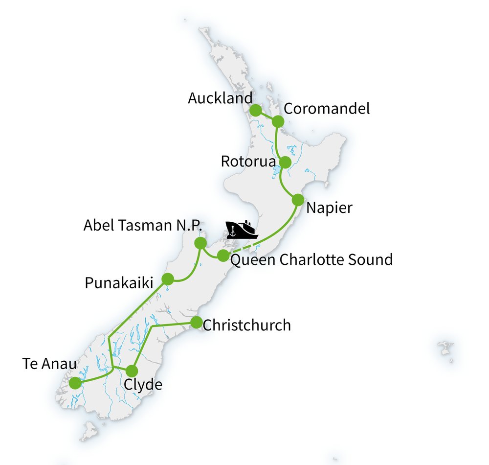 Routekaart van Van Coromandel tot Milford Sound