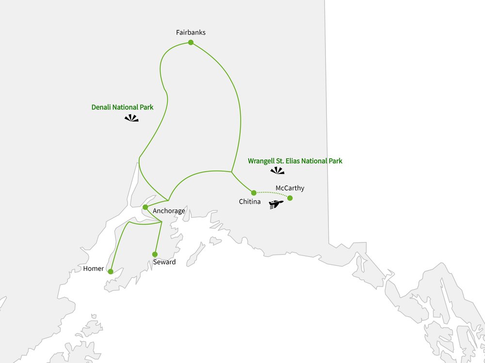 Routekaart van IJsland & Alaska 21 dagen