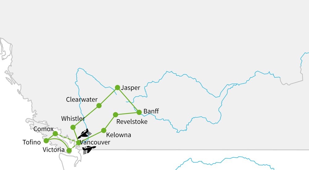Routekaart van Droomplekken West-Canada