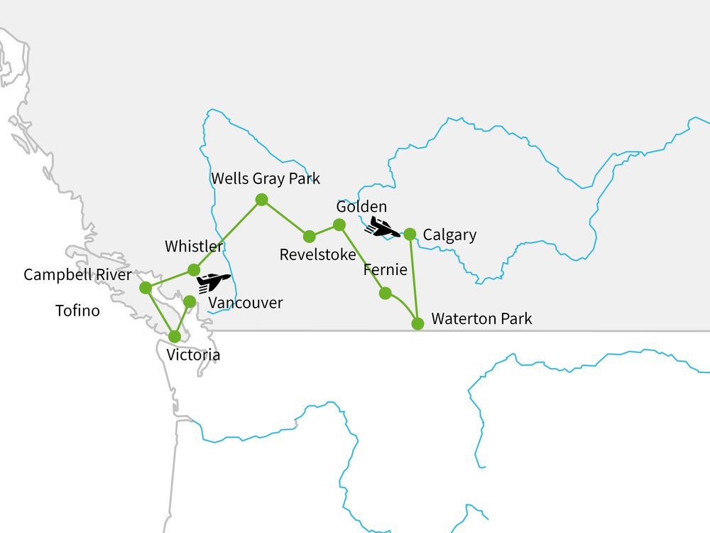 Routekaart van Inns & Lodges in West-Canada