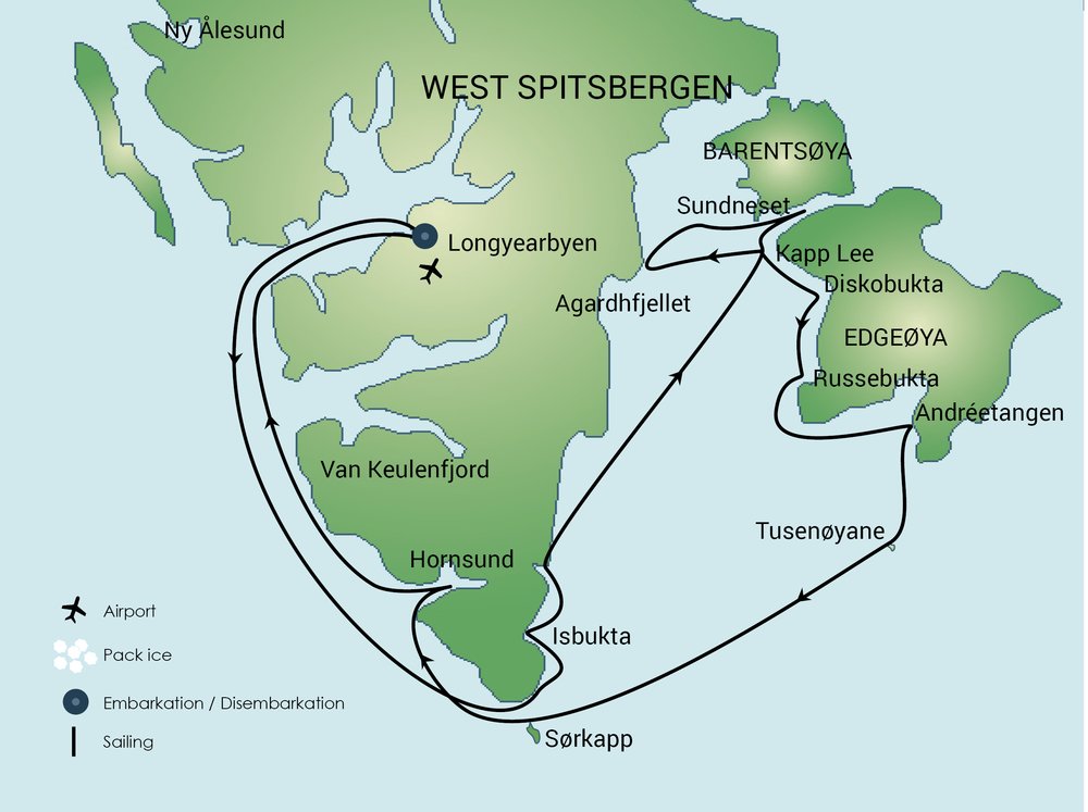 Routekaart van Expeditie naar het oosten van Spitsbergen