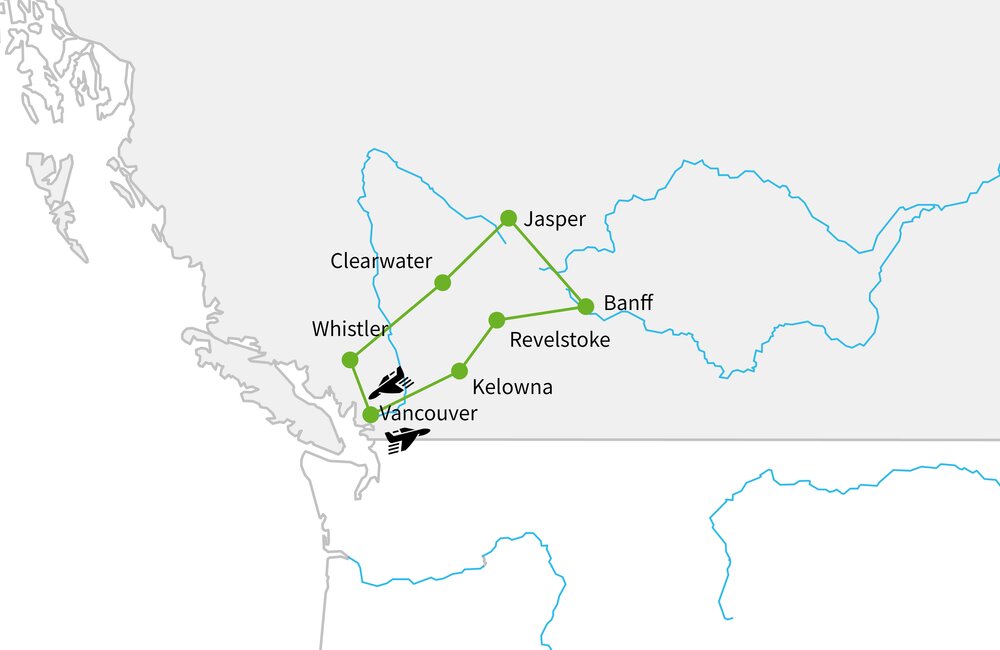 Routekaart van Hoogtepunten van West-Canada