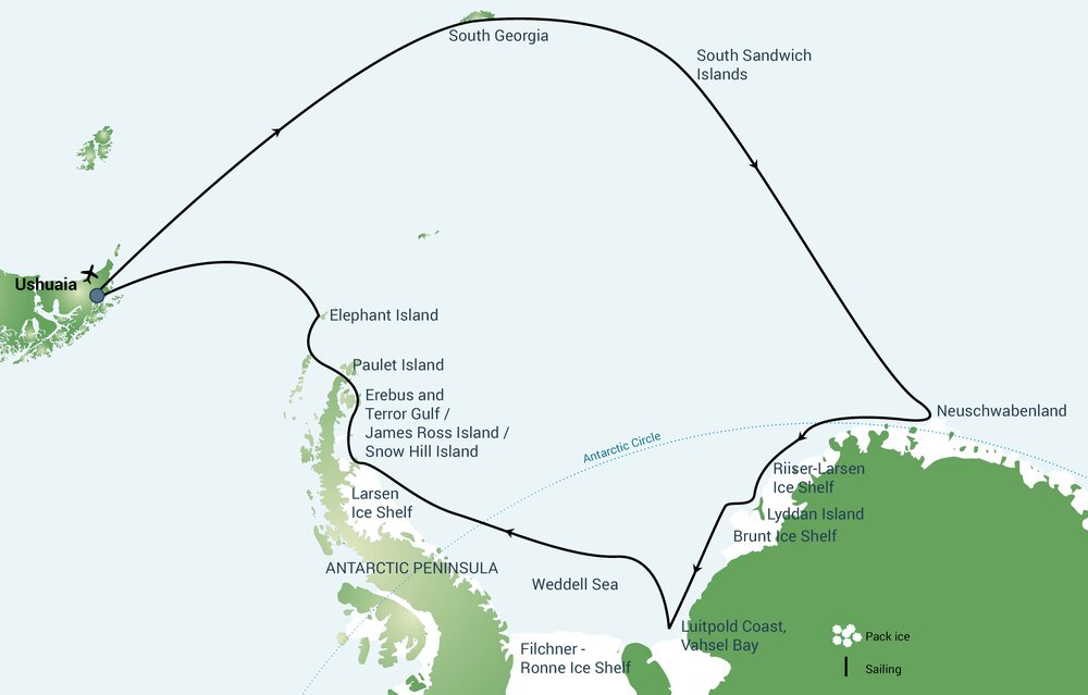 Routekaart van Bijzonder! Ontdekkingstocht South Georgia & de Weddell Sea