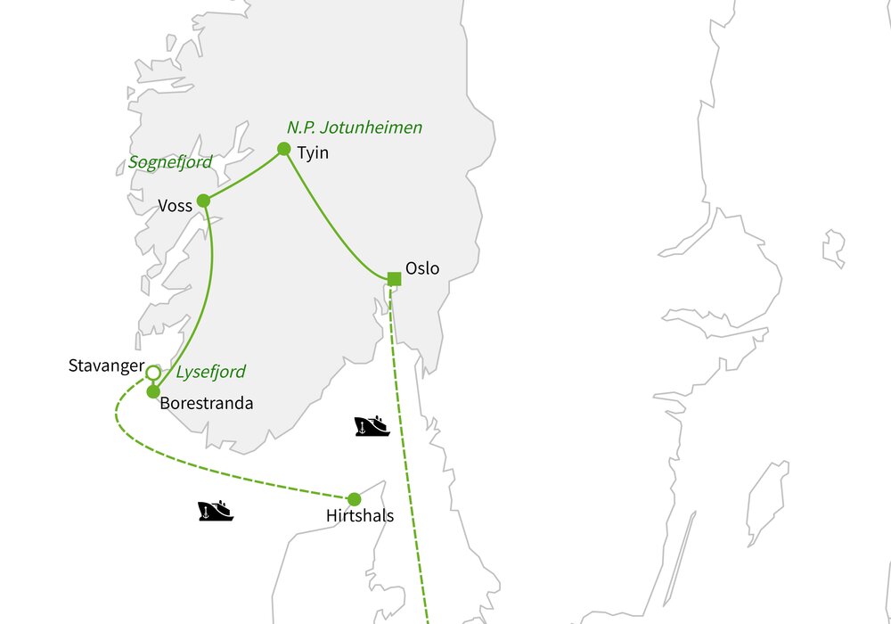 Routekaart van Noorse bergen, fjorden en kust