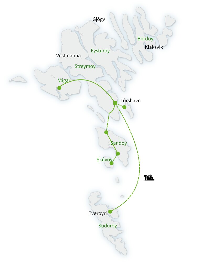 Routekaart van Faeröer met openbaar vervoer