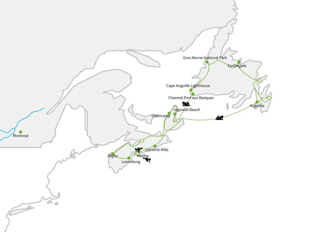Routekaart van IJsbergen & Walvissen van Atlantisch Canada