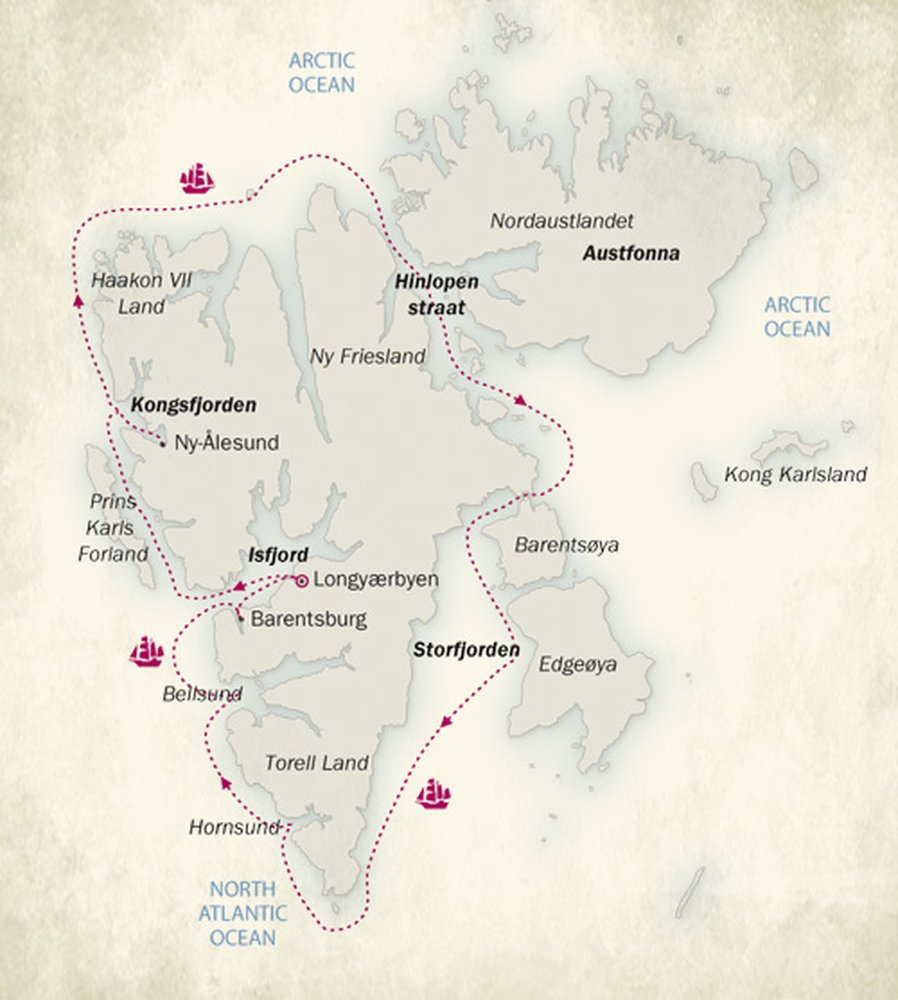 Routekaart van Rond Spitsbergen met onze 'Antigua'