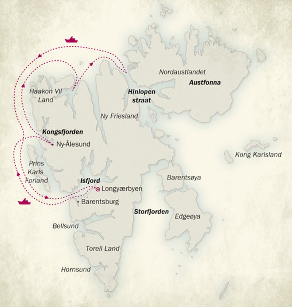 Routekaart van Expeditiecruise naar het noorden van Spitsbergen, op zoek naar ijsberen