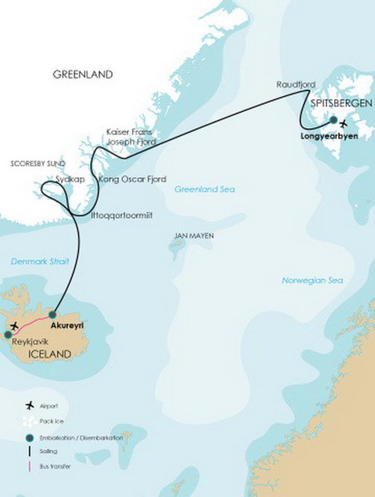 Routekaart van Spitsbergen, Oost Groenland & Aurora Borealis