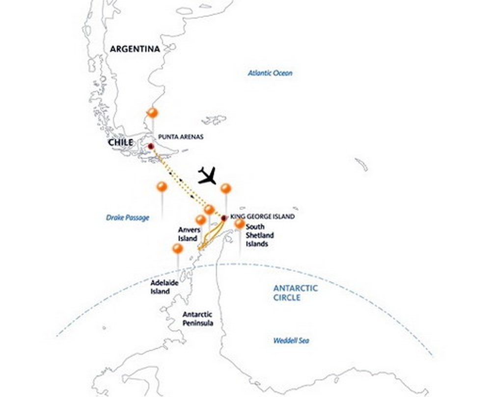 Routekaart van Flycruise Antarctica