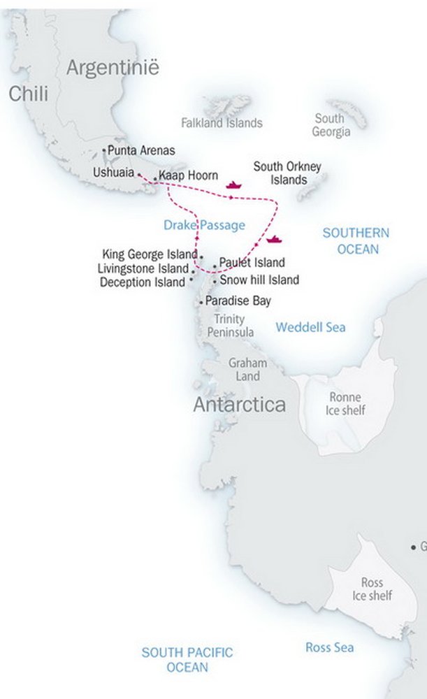 Routekaart van Op zoek naar keizerspinguins in de Weddellzee