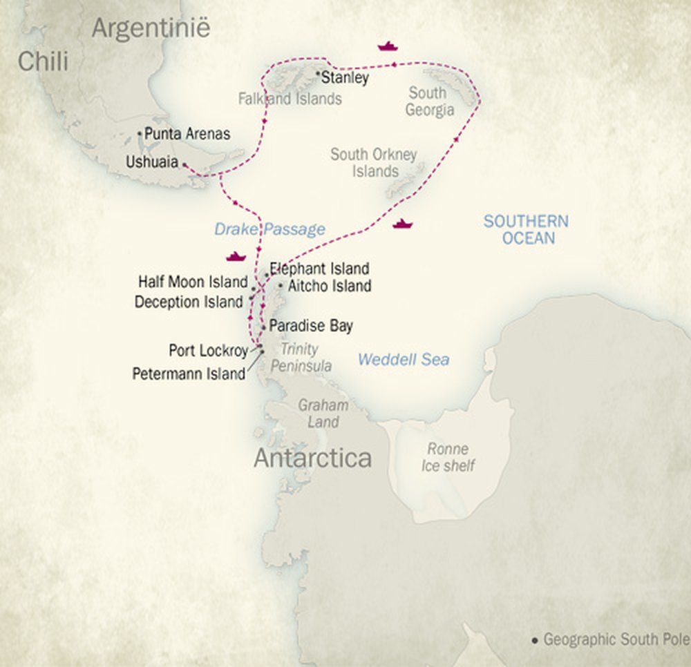 Routekaart van Falklands, South Georgia en Antarctica
