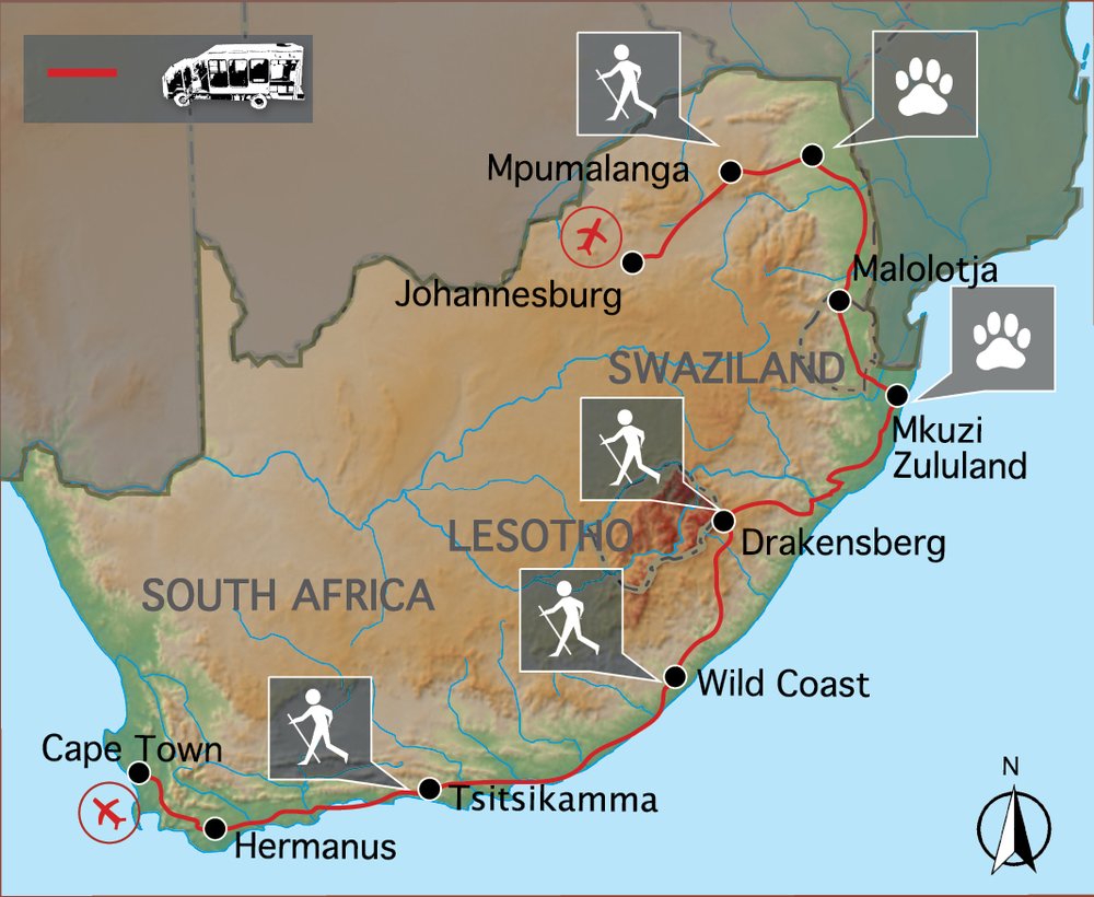 Routekaart van Zuid-Afrika Groepsreis - Rainbow Route