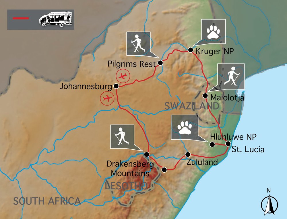 Routekaart van Wandelgroepsreis Zuid-Afrika