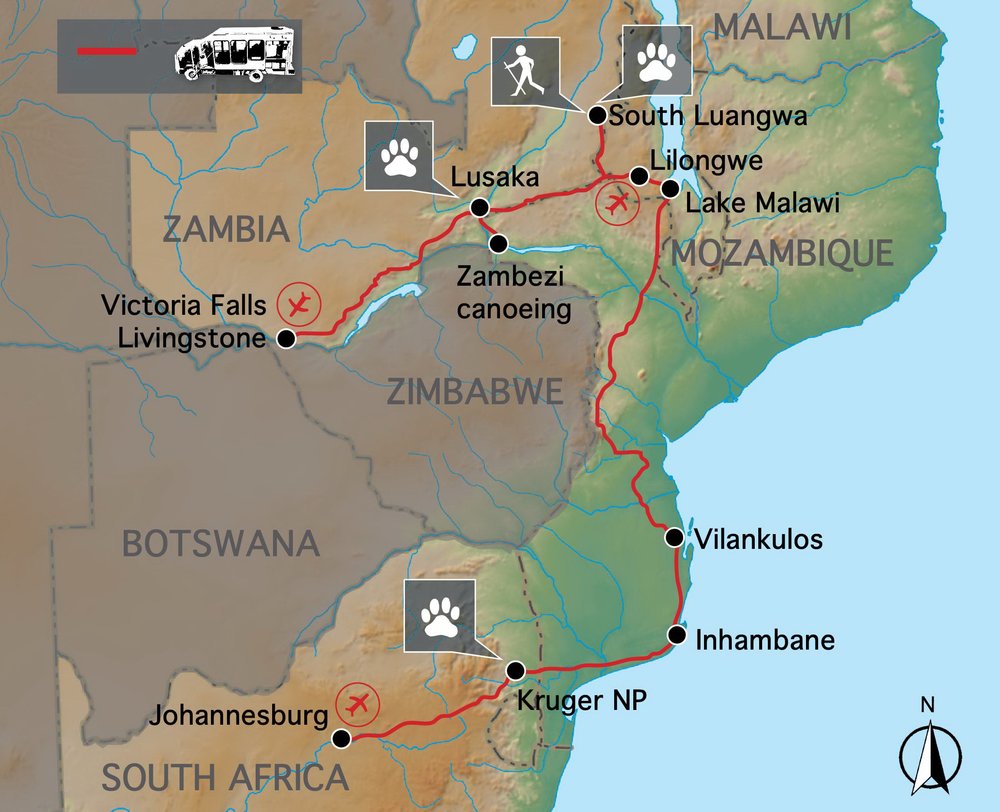 Routekaart van Trade Route; Zambia, Malawi & Mozambique