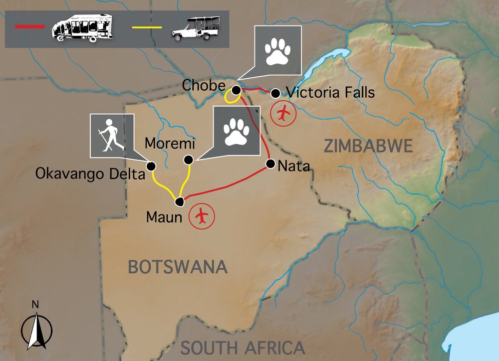 Routekaart van Botswana Wild Parks vanuit Maun