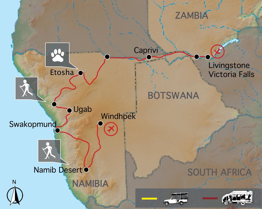 Routekaart van Namibia & Zambezi