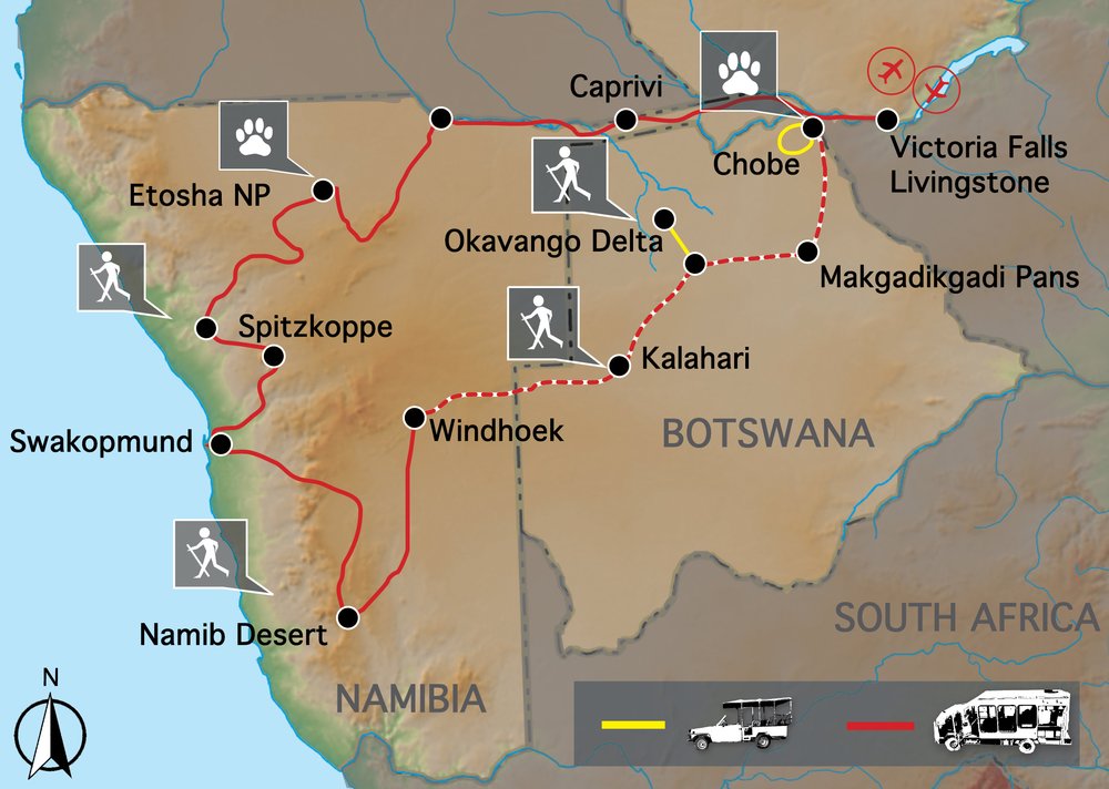 Routekaart van Namibia - Vic Falls to Windhoek