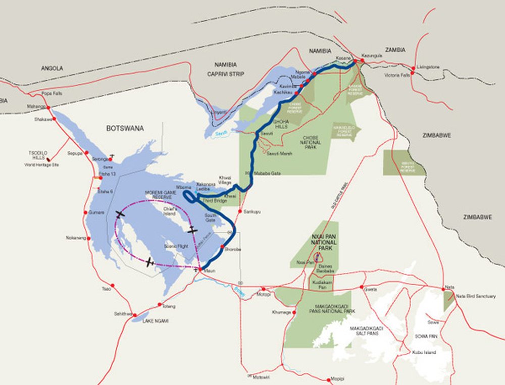 Routekaart van Luxe Wildernissafari, Kasane-Maun