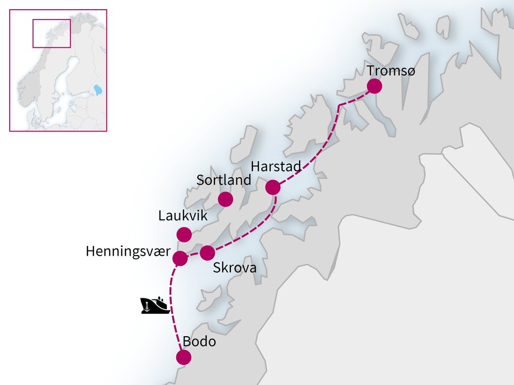 Routekaart van Noorderlichtreis Lofoten met zeilschip de Antigua