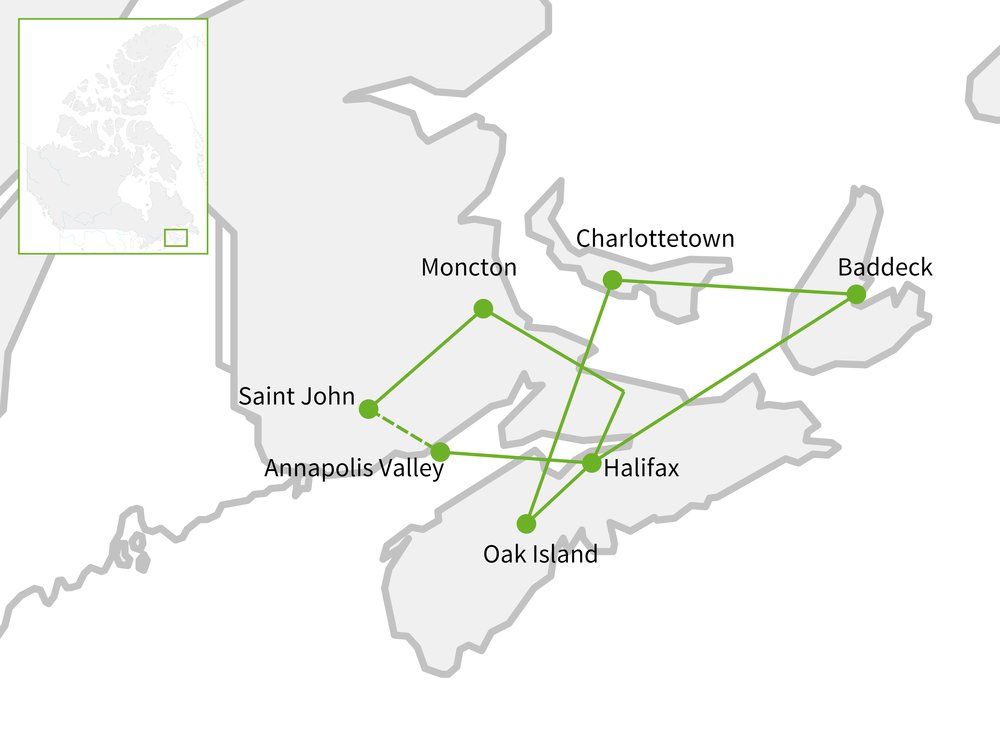 Routekaart van Charmes van Atlantisch Canada