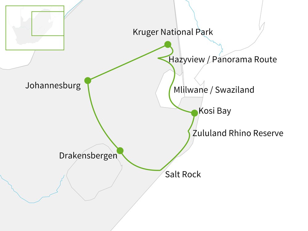 Routekaart van Familie avontuur Zuid-Afrika