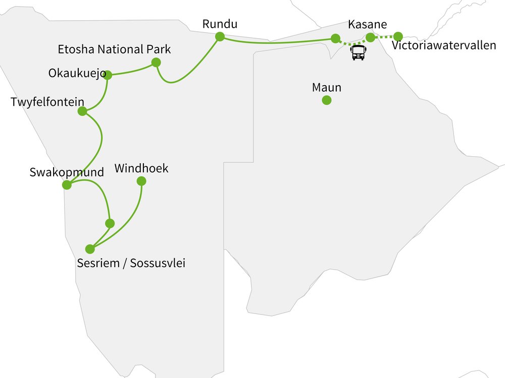 Routekaart van Namibië, Chobe & Vic Falls