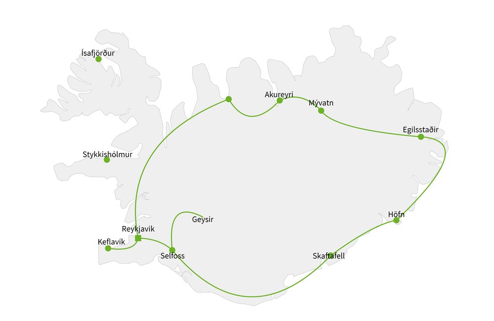 Routekaart van IJsland rond in de winter